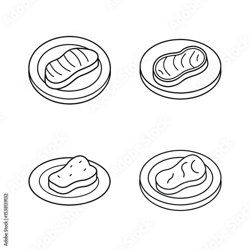 Simple line art illustration of various steak cuts on round plates for restaurant use