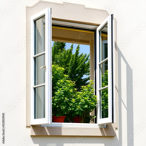 Beautiful window with open casement showcasing greenery on a sunny day in a modern building