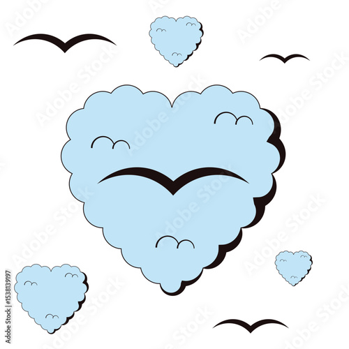 Freedom theme. Vector illustration of clouds in shaped of Heart with birds silhouette isolated transparent background. Simple art for nursery poster wall decor and t-shirt print. EPS 10
