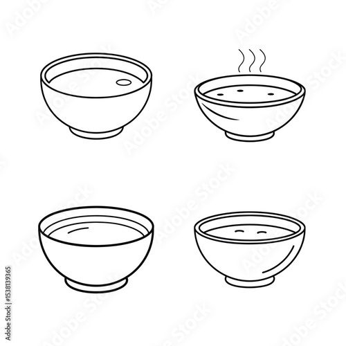 Simple illustrated bowls of soup or broth in black and white outlines