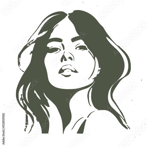 Stylized Female Portrait in Vintage Ink Silhouette, Artistic black ink-style silhouette of a woman with flowing hair on beige background, evoking vintage aesthetics and elegance.

