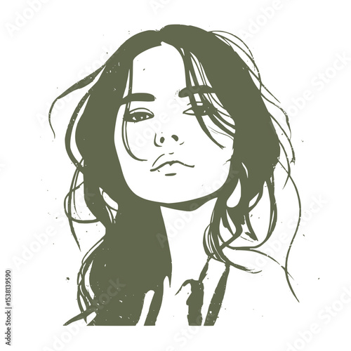 Stylized Female Portrait in Vintage Ink Silhouette, Artistic black ink-style silhouette of a woman with flowing hair on beige background, evoking vintage aesthetics and elegance.

