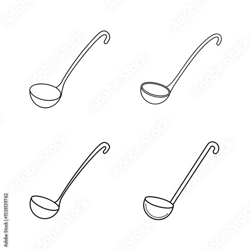Four line art illustrations of ladles for soup kitchen and cooking related activities