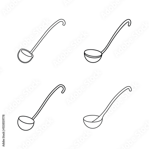Four simple black and white line drawings of a kitchen ladle for cooking illustrations