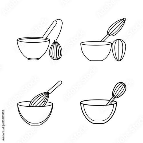 Simple black and white illustration of bowls and whisk kitchen utensils set design