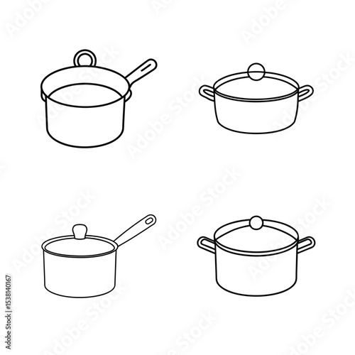 Four different line art illustrations of kitchen cookware including pots and saucepan variations