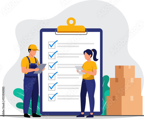 Illustration of a Warehouse Workers Checking Stock Inventory Management and Logistics