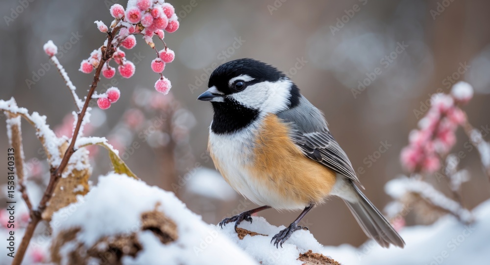 Fototapeta premium Chickadee Bird with Snow and Pink Blossoms, Empty Space for Text