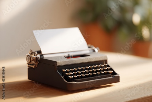 vintage typewriter with single blank sheet of paper in softly lit room surrounded by shadows emphasizing retro aesthetic