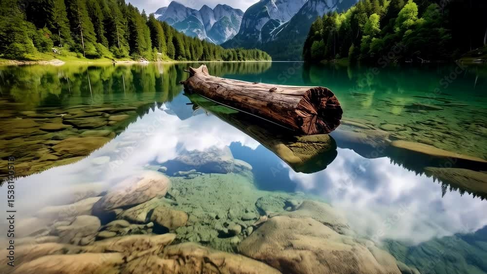 Clear water lake surrounded by forest and mountains with a log floating on the surface reflecting clouds