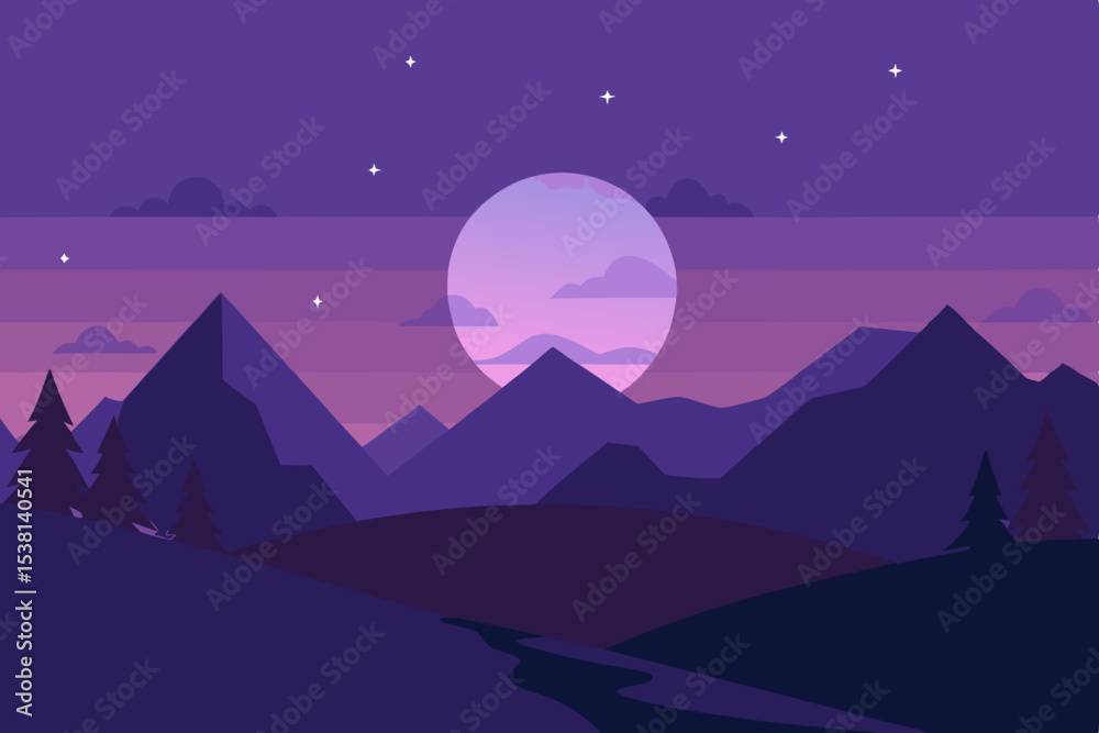 Obraz premium Purple mountain landscape at sunset with stars