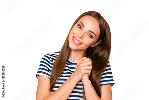 Overjoyed lady look sincerely little children wear striped outfit isolated yellow background