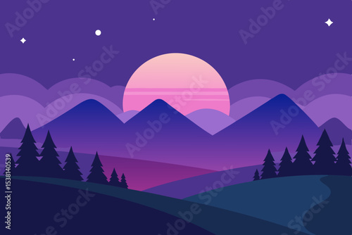 Purple mountain landscape at sunset with stars