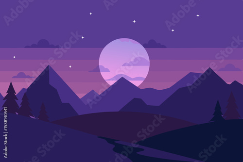 Purple mountain landscape at sunset with stars