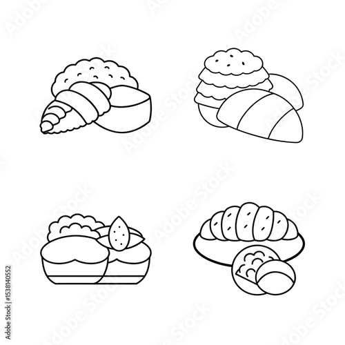 Delicious baked goods outline illustrations featuring croissants muffins scones and pastries for design projects