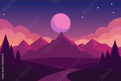 Purple mountain landscape at sunset with stars