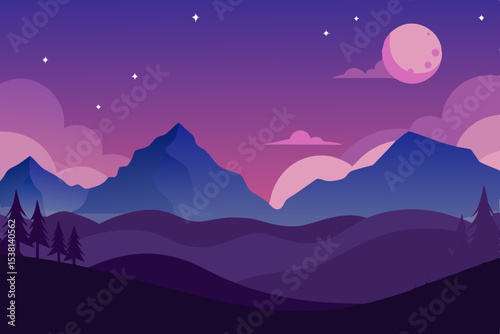 Purple mountain landscape at sunset with stars