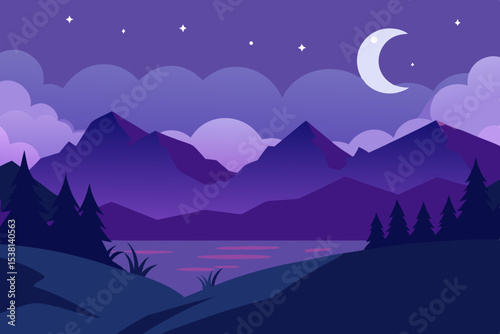 Purple mountain landscape at sunset with stars