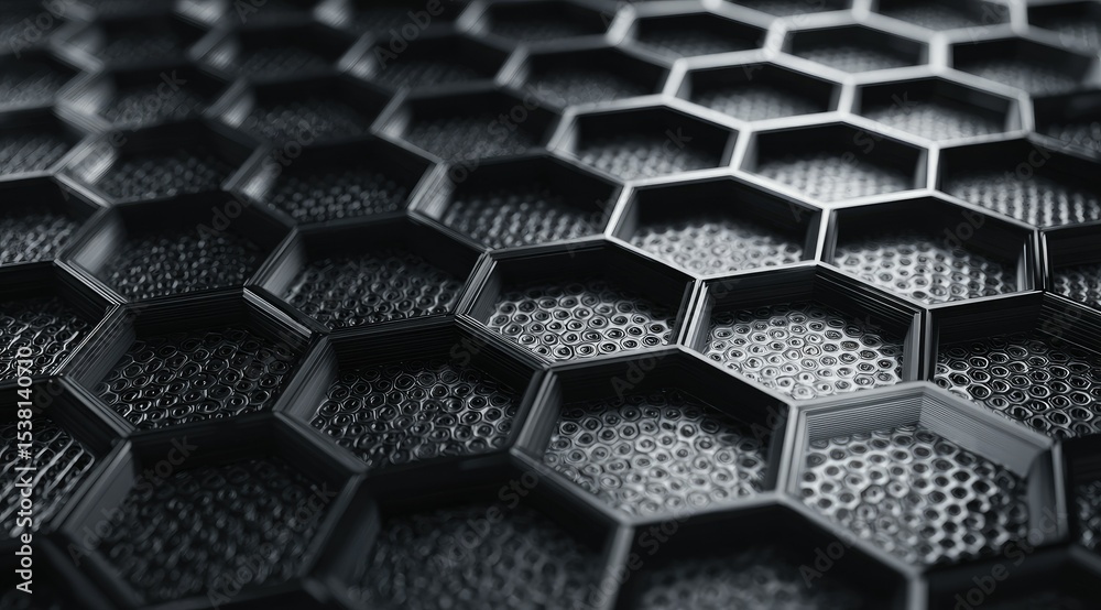 Abstract close-up of a dark, metallic honeycomb pattern with a textured background, showcasing depth and a three-dimensional effect Abstract close-up of a dark, metallic honeycomb pattern with a textured background, showcasing depth and a three-dimensional effect