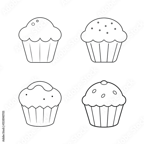 Simple outline illustrations of four different cupcakes in black and white isolated on white