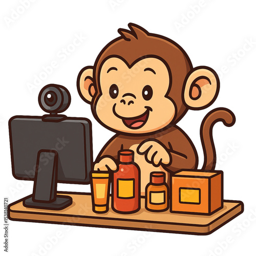 Cute Cartoon Monkey Engaged in Creative Marketing Activities