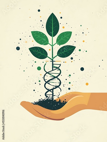 genetic modification of foods, a flat design vector art illustration showing a hand holding a stylized plant sprout, with a simplified DNA double helix Sustainable Food Innovation Future of Nutrition