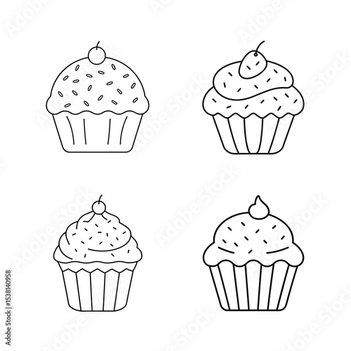 Set of four cupcake illustrations with detailed outlines featuring cherries and sprinkles