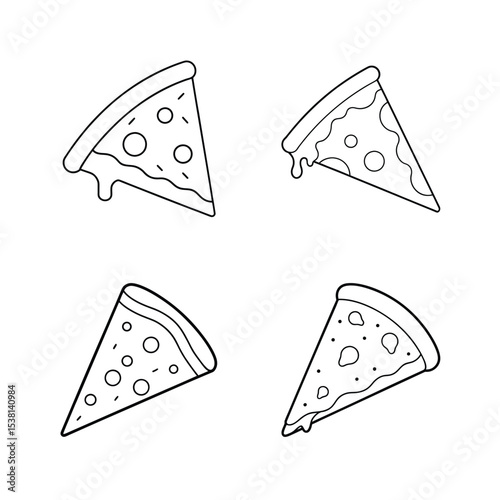 Simple black and white illustration of four different pizza slice designs