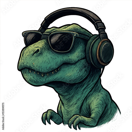 Retro Cool Dino with Headphones and Sunglasses in Vibrant Style