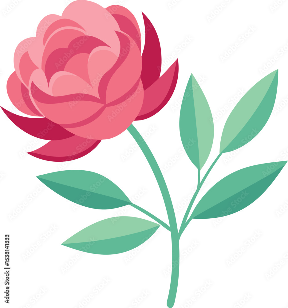 Fototapeta premium Simple flat 2D icon pink peony flower branch vector illustration for nature and botanical graphics