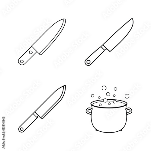 Kitchen cooking tools vector illustration featuring several knives and a boiling pot.