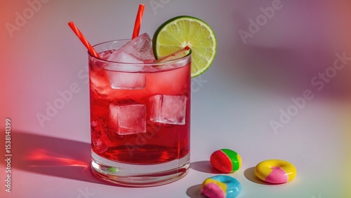 Red cocktail with ice and a lime slice alongside candy, featuring an empty space for text.