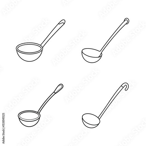 Simple black and white outlined illustration of four different ladles on white background