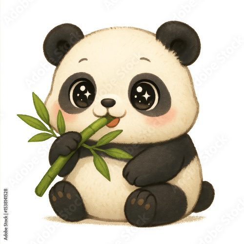 Cute Sparkly Eyed Panda Munching on Bamboo in Whimsical Style