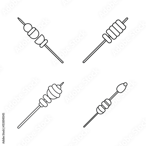 Four illustrated outline designs of skewers featuring different food or decoration items