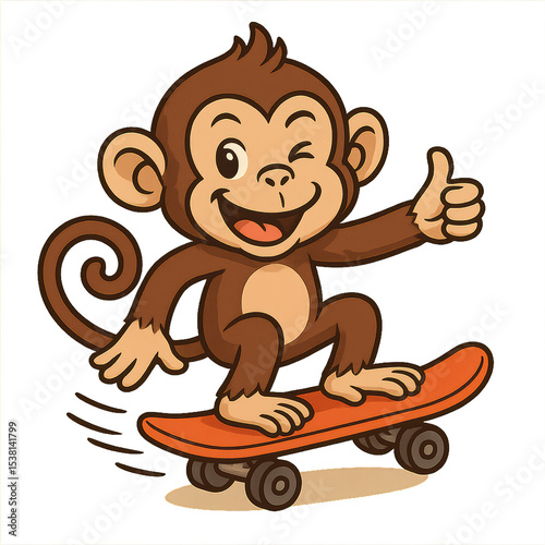 Cheerful Monkey Skateboarding with a Thumbs Up for Fun Activities