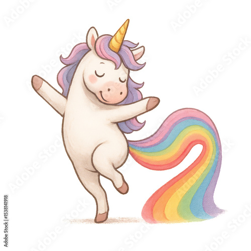 Cheerful Unicorn Dancing Joyfully with Rainbow Tail and Mane