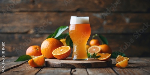 Fototapeta Naklejka Na Ścianę i Meble -  Glass of orange craft beer with fresh fruits on wood table background, with empty copy space for text