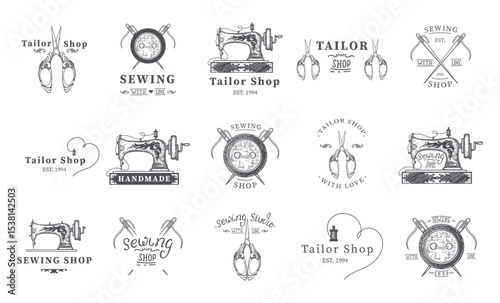 Set of tailor labels, emblems and design elements. Tailor or sewing shop. Logo template vector illustration.