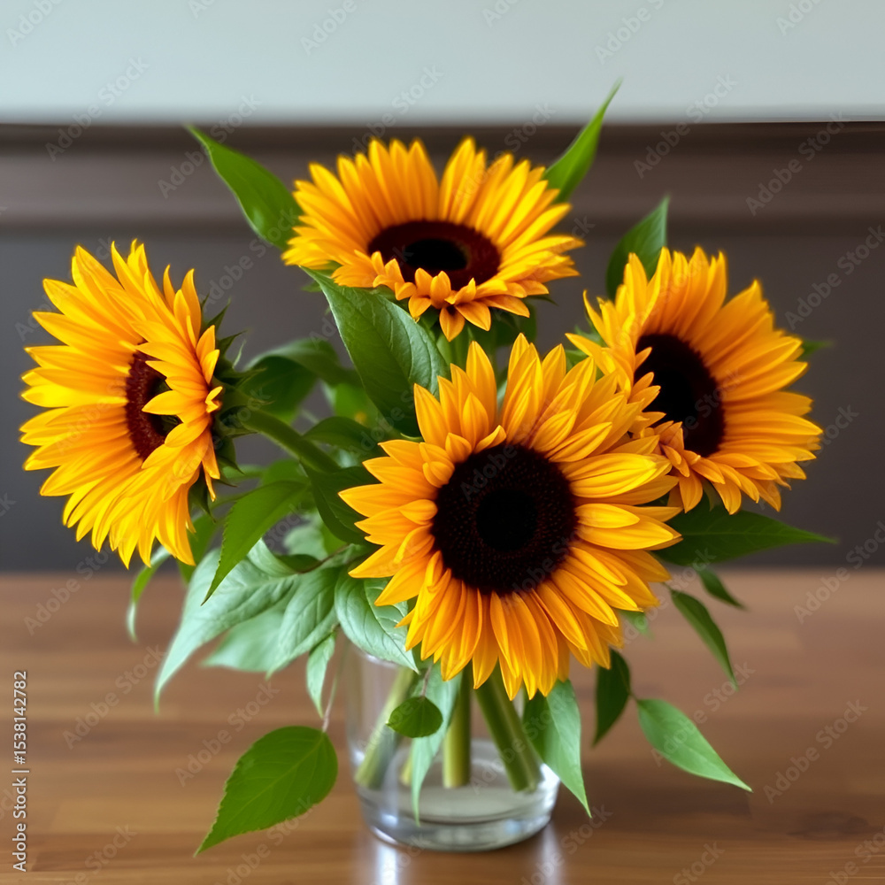 Naklejka premium sunflowers centerpiece with green leaves