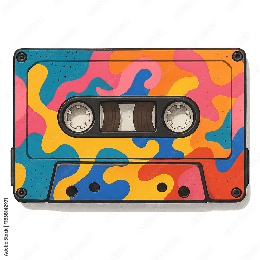 Naklejka premium Colorful Retro Cassette Art with Abstract Design and Simple Shapes