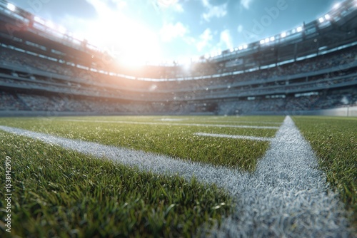 A vibrant, sun-drenched stadium scene showcasing a meticulously maintained playing field, with blurred spectators filling the stands under a bright sky