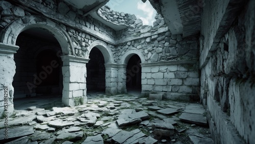 Age coarse shabby masonry backdrop with crumbled black and white house cellar, bumpy vintage facing design, and damp mold destroy ground floor of a dirty rural fortified tower.
