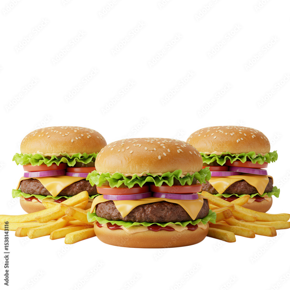 Three delicious cheeseburgers with french fries isolated on transparent background Three delicious cheeseburgers with french fries isolated on transparent background