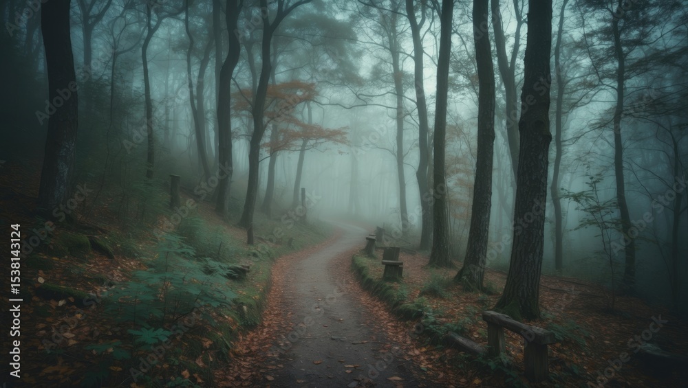 Fototapeta premium Fairy Forest Trail In The Fog with Empty Space for Text