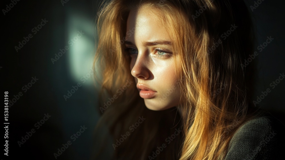 Fototapeta premium A natural beauty shot of a woman with long, flowing hair, gazing thoughtfully out of a window, with gentle sunlight illuminating her features and creating a soft glow.