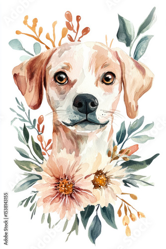 Watercolour painting of happy dog with flowers over white background, Illustration animal poster