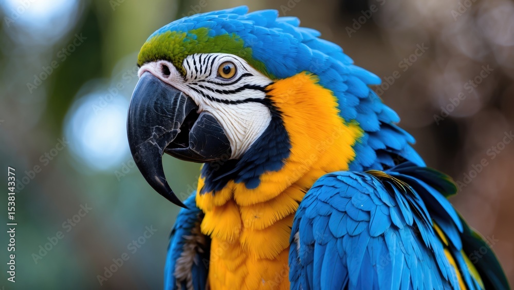 Obraz premium A blue and yellow macaw closeup with vibrant colors and detailed feathers.
