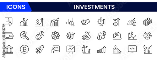 Sleek vector web line icons depicting investments, stocks, portfolios, growth, financial planning, and wealth-building strategies for economic success.