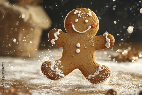 Festive gingerbread man cookie in mid-air.